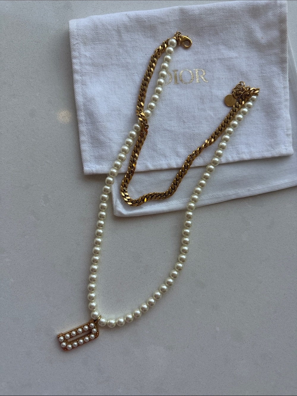 Dior White Pearl Necklace with Gold-Tone Chain and Pearl-Set Pendant